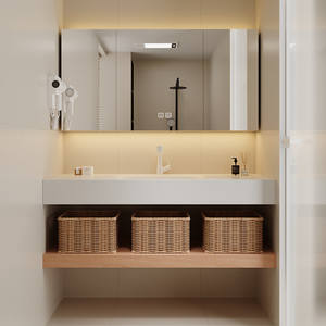 Wooden wind bathroom cabinet combination with intelligent LED light <b>mirror</b>, bathroom washbasin with wicker basket - Product Image 4