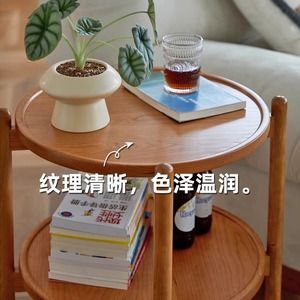 Cherry Wood <b>Round</b> Coffee <b>Table</b> With Wheels Double Layer Storage Portable <b>Side</b> <b>Table</b> For Living Room Bedroom - Product Image 2