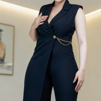 Combinaison Pantalon Longue Col en V avec Chaîne, Tenue de Bureau Élégante et Tendance, Formelle, sans Manches, Jambes Larges pour Femme, Idéale pour l'Été