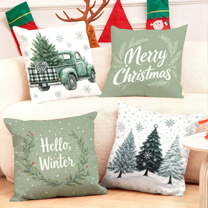 Merry Christmas and Hello Winter themed decorative pillows with vintage truck and snowy trees design - Product Image 1