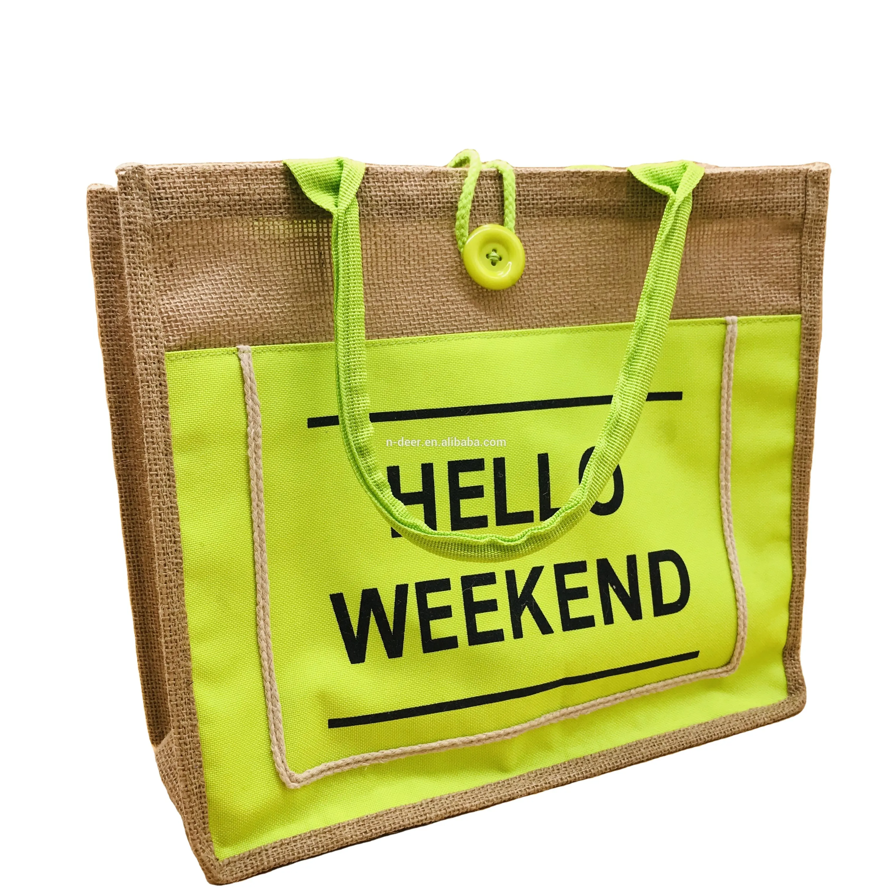 Grosir Tas Jinjing Mewah Kapasitas Besar "HELLO WEEKEND" Cetak Tas Bahu Kasual Wanita, Tas Belanja Linen Rami, Linen Tot