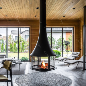 Crociera sospesa a 360 gradi girevole a legna per interni ventilato Hotel di lusso caminetto circolare sospeso in rame di colore - Product Image 3