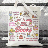 Sac fourre-tout en toile RNYJJ Coquette Preppy Girly avec motifs de dessins animés et de textes pour les bibliophiles, les passionnés de livres et les bibliothécaires - Lavable en machine