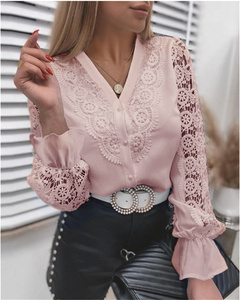 Damen bekleidung Solid Elegant Button Weiß Stehkragen Knopf Langarm Hollow Out Casual Blusen - Product Image 5