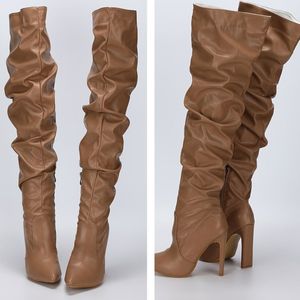 Wrinkle Fashion Leather Knee High White Color Women's Boots with Heels - Product Image 6