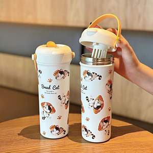 แก้วน้ำเก็บอุณหภูมิ Bread Cat แบบพกพา ทำจากสแตนเลส 316 พร้อมหลอดดูด สำหรับผู้หญิง ใช้สำหรับเดินทาง - Product Image 1