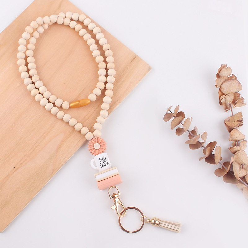 Personalized Silicone Beads Wooden Apple Shape Necklace Lanyard Keychain Beaded Lanyards for Students Teacher Gift