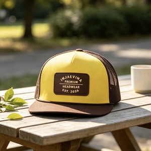 Custom Yellow Dark Brown Two Tone 6 Panel Trucker Cap Debossed Leather Patch Logo <b>Flat</b> Brim Plastic Snapback Trucker <b>Hat</b> - Product Image 6