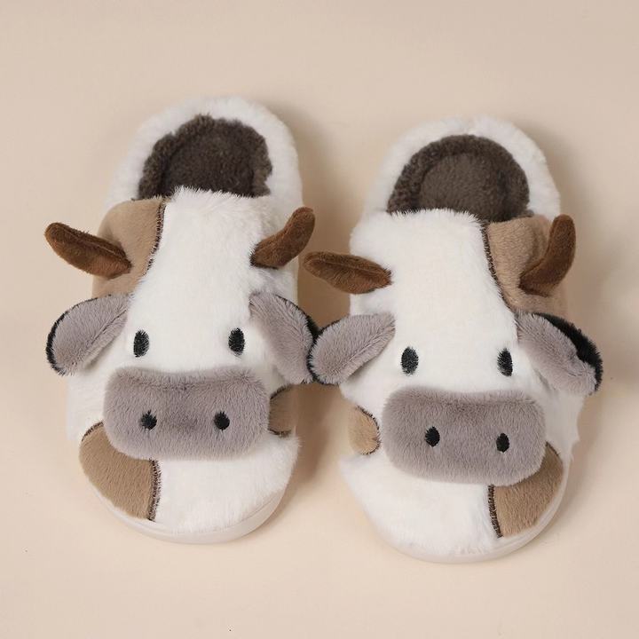 Fuzzy Fluffy Cow Print Slippers