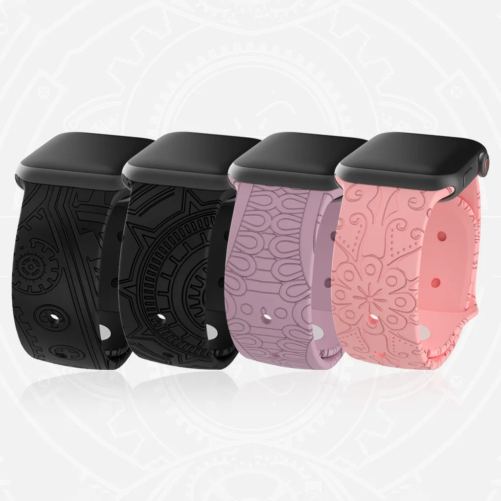 Custom Bloem Luipaard Gedrukt Laser Graveren Carving Radium Gegraveerd Reliëf Siliconen Print Smart Watch Band Voor Apple