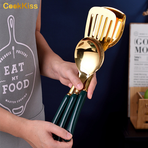 Set d'outils de cuisine uniques Ustensiles en céramique noir-vert en acier inoxydable Lot de 6 pièces antiadhésifs avec support Cuillères et pelles de cuisson