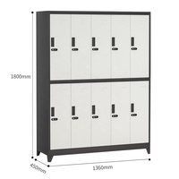 Casier scolaire en acier à 10 portes, 2 niveaux (5 supérieurs, 5 inférieurs), avec serrure à combinaison mécanique, démontable, avec pieds