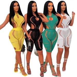 2023 planner Fashion Hollow out Sleeveless Close Fit Irregular Solid Color Body Suit For Women Playsuit Jumpsuit