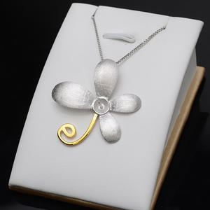 Pendentif en argent S925 avec une grande fleur en or, collier pour femme avec perle de 9-10 mm, accessoire de bricolage, boîte vide pour incrustation, chaîne à maillons 849 - Product Image 2