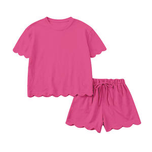 GSSO3178 Vente en gros personnalisée Petite fille orange uni Imprimé été coton Tenues à manches courtes Ensemble de vêtements pour enfants - Product Image 2