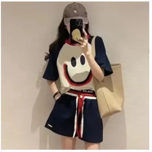 Women's Summer <b>Tracksuit</b> Embroidered Smiley Face Loose Fit Casual Short Sleeve Top And Shorts Plus Size 200 Lbs - Product Image 5
