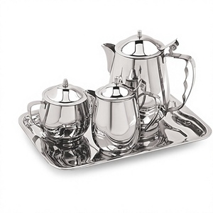 Chrome Finish Stainless Steel <b>Tea</b>/Coffee Pot <b>Set</b> with Serving Tray and Baby Doll Design Classic Style Eco-Friendly - Product Image 1