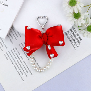 Sang Trọng Bạc Rhinestone Kim Cương Bow Tim Ngọc Trai Vòng Tay Móc Chìa Khóa Ba Lô Bowknot Nylon Bện Sợi Dây Thừng Túi Phụ Kiện Quyến Rũ - Product Image 4