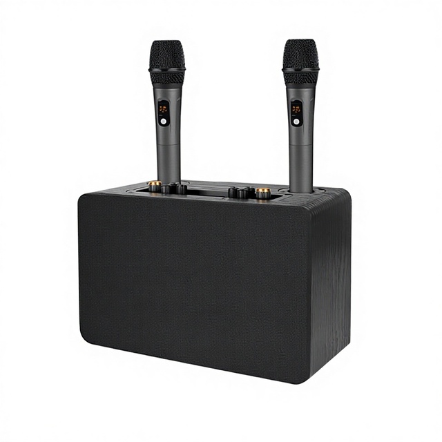 TV Karaoke Computer Bedside Speaker Wireless Microphone Wooden Subwoofer Dual-Mic for TWS Pairing Karaoke All-in-One