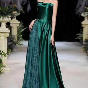 Lm0522a vestido tubo de noiva, feminino, verde escuro, cetim, corte em linha a, cor sólida, malha, banquete