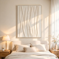 Peinture à l'huile abstraite géométrique faite à la main sur toile texturée beige de grande taille avec cadre blanc – Œuvre d'art en tissu