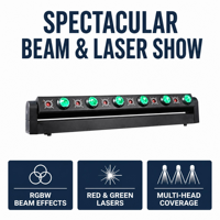 Projecteur à tête mobile 6 faisceaux 6 lasers RGBW, Combo Laser Beam, Barre de scène DMX512 8 13 38 CH, Axe Y 180°, Large plage de tension AC110 220V