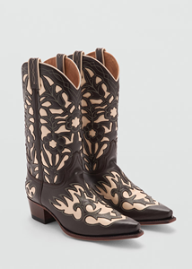 Bottes de cow-boy florales marron et <span class=keywords><strong>beige</strong></span> découpées pour femmes bottes mi-mollet à bout pointu de style occidental bottes de rodéo en cuir à la mode - Product Image 2