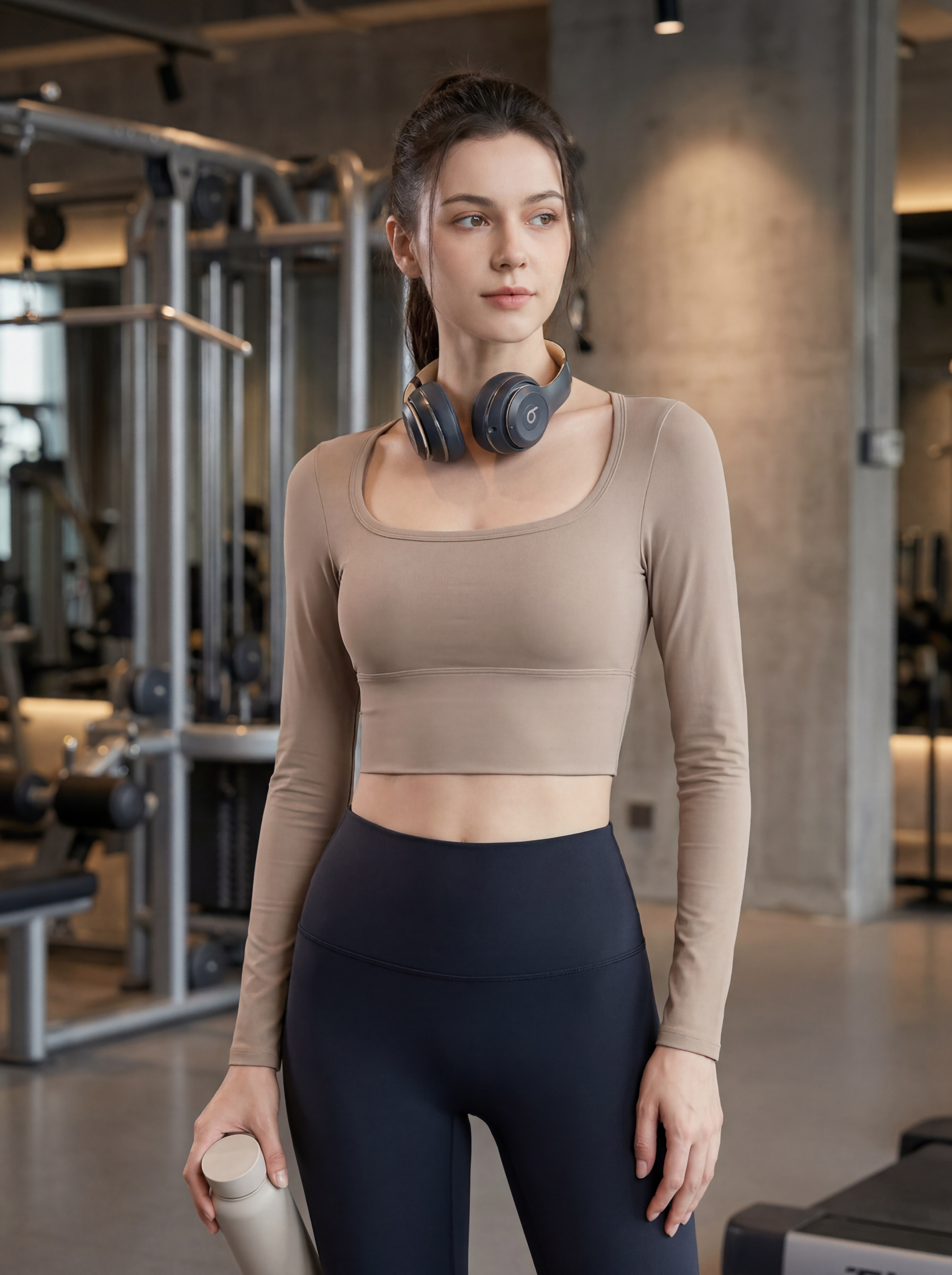 Minimalist Women 2-in-1 Square Neck Long Sleeve Yoga Crop Top Cloud Soft High Stretch Workout Top for Pilates & Daily Athleisure
