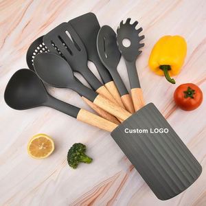 Ensemble d'ustensiles de cuisine en nylon pas cher, résistant à la chaleur, antiadhésif, avec manche en bois arrondi, spatule, cuillère, ustensiles de cuisine - Product Image 1