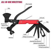 Multitool Camping Marteau Hache Randonnée Urgence Survie Multitool 16 en 1 avec Mini Couteau Pliant Scie Tournevis Hachette Plier