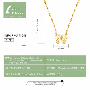 Collier papillon en or, acier inoxydable, plaqué or 14 carats, pendentif ajouré, chaîne 39+5cm - Product Image 2
