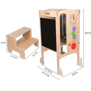 Tabouret de cuisine pliable pour tout-petits avec tabouret à 2 marches Tabouret en bois pour tout-petits avec filet de sécurité Jeux d'activités Montessori