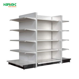 Estantería principal de góndola de metal blanca de una cara con panel perforado completo, 4 niveles, borde azul, sin barandilla, para supermercado - Product Image 5