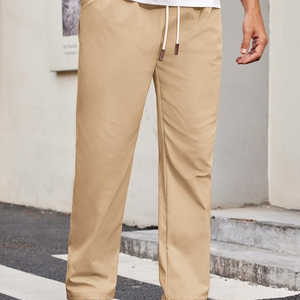 Pantalon chino décontracté pour homme Coupe décontractée Pantalon léger à taille élastique avec cordon de serrage Pantalon plissé en sergé - Product Image 2