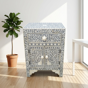 Handmade Bone Inlay Bedside Table with 2 Drawers Ottomans - Product Image 1