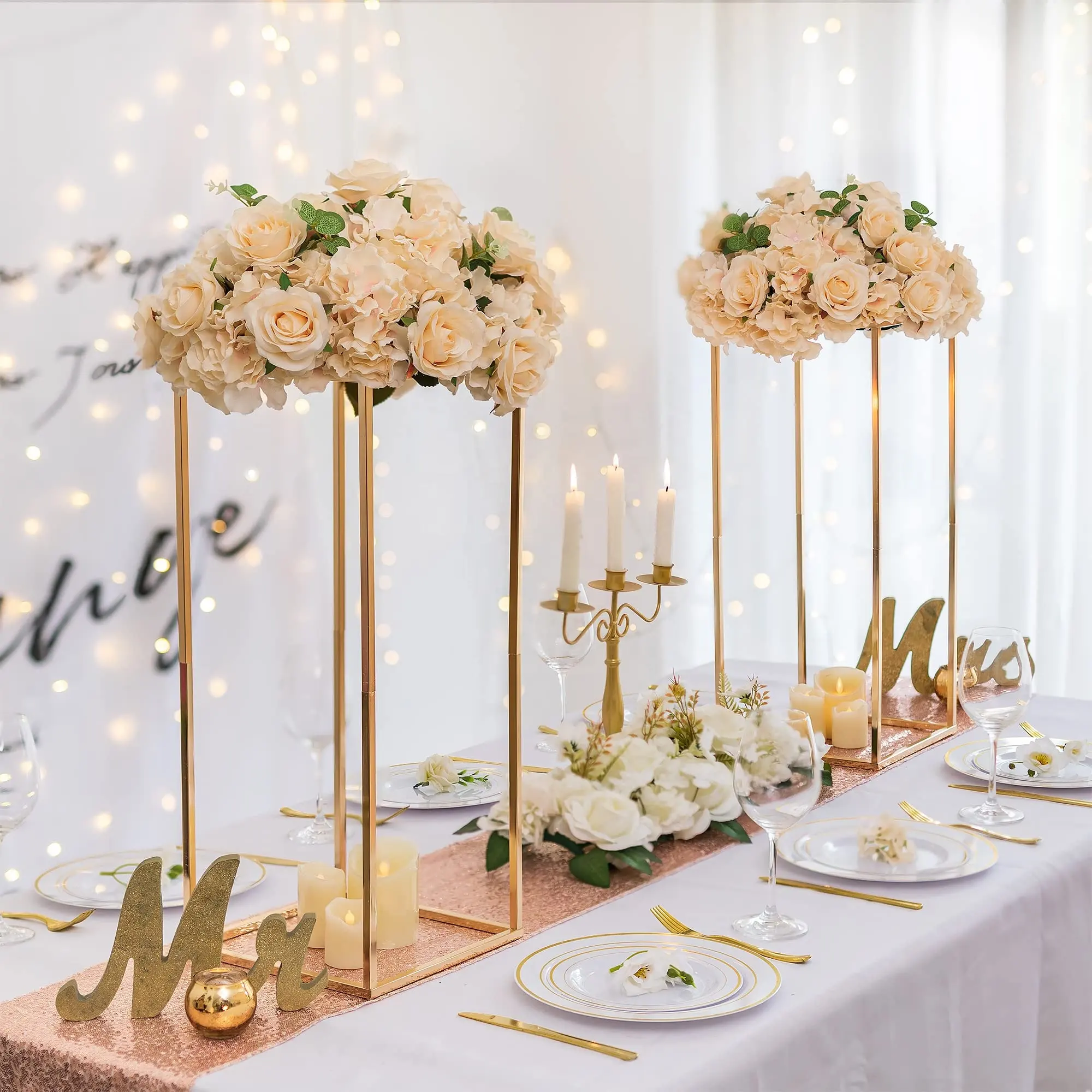 Ourwarm Metal Gold Iron Frame Tall Flower Stands Rectangle Table Decorations Wedding Centerpieces