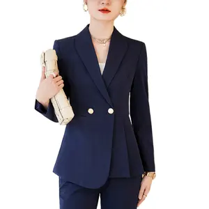 Çin fabrika OEM toptan çift göğüslü donanma 2 parça Set kadın iş pantolon takım elbise ofis bayan Ruffles Blazer pantolon