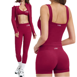 Conjunto de Yoga de Dos Piezas para Mujer con Logotipo Personalizado, Top Corto de Color Sólido, Pantalones Cortos de Cintura Alta, Ropa Deportiva de Spandex y Poliéster sin Costuras - Product Image 1
