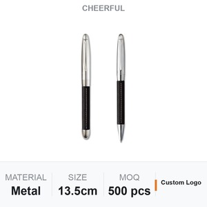 Premium Cylindrical Black Faux Leather Writing <b>Pen</b> with Distinctive <b>White</b> Stitched Grip & Polished Silver Trim for Custom Logo G - Product Image 1