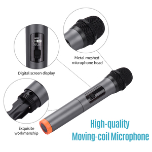 Micro không dây cầm tay UHF 6.35mm với bộ thu mini cho hệ thống <span class=keywords><strong>karaoke</strong></span> gia đình, micro tụ điện kim loại - Product Image 3