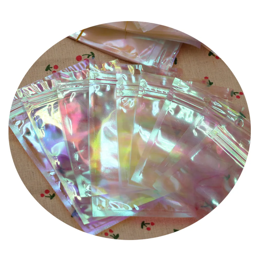 New Popular Rainbow Transparent Ziplock Bag Iridescent Zipper Packaging Punches Laser Bags For Cosmetic Jewelry Storage