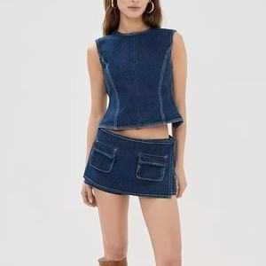 ชุดกระโปรงยีนส์ดีไซน์ใหม่คุณภาพสูงสำหรับฤดูร้อน เสื้อแขนกุดแฟชั่น กระโปรงยีนส์ฟอกสี ชุดยีนส์สำหรับผู้หญิง - Product Image 1
