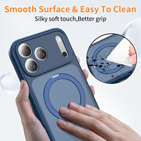 Nouvelle coque iPhone 17 Pro Max bleu foncé avec support rotatif, protection d'objectif à découpe de précision, toucher doux et magnétique