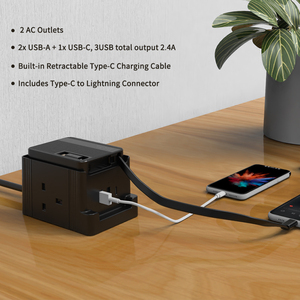 Chargeur compact britannique 2 ports USB 1 <span class=keywords><strong>c</strong></span>âble USB <span class=keywords><strong>C</strong></span> rétractable avec adaptateur <span class=keywords><strong>Apple</strong></span> 2 prises de courant pour une utilisation à l'hôpital - Product Image 4