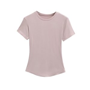Nouveau T-shirt respirant à manches courtes et col masque, style européen et américain, pour femme, coupe ajustée, taille fine, couleur rose poudré - Product Image 2