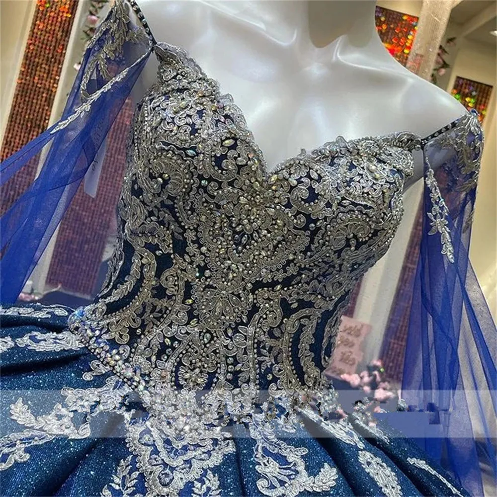 Glitter Royal Blue Court Train Quinceanera Dresses Ball Gown