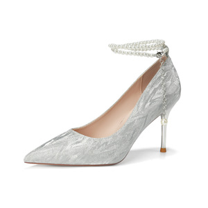 Bridal Pumps Pointed Toe Stiletto Heel Ankle Strap Pearl Bead <b>Decor</b> High Heel Wedding <b>Shoes</b> Comfortable Satin Lining 6681Y - Product Image 3