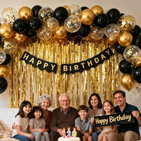 Kit de guirlande de ballons d'anniversaire noir et or avec bannière Joyeux Anniversaire et rideau en feuille d'or pour la décoration de fond de fête d'anniversaire pour adultes