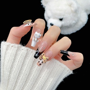 Luxo 3D Olá <span class=keywords><strong>Kitty</strong></span> Padrões com Encantos Nails Art Leopard Print Dicas francesas Pressione as unhas para meninas - Product Image 3