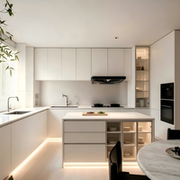 Armoire de cuisine moderne en bois massif blanc avec éclairage LED suspendu, tiroirs de grande capacité et rangements en bois